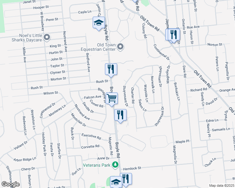 map of restaurants, bars, coffee shops, grocery stores, and more near 411 Boyle Road in Selden