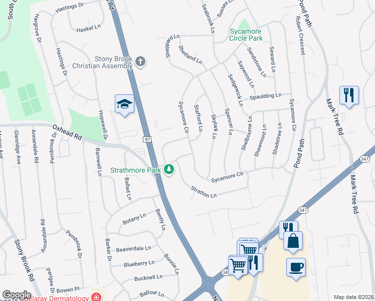 map of restaurants, bars, coffee shops, grocery stores, and more near 11 Sycamore Drive in Stony Brook