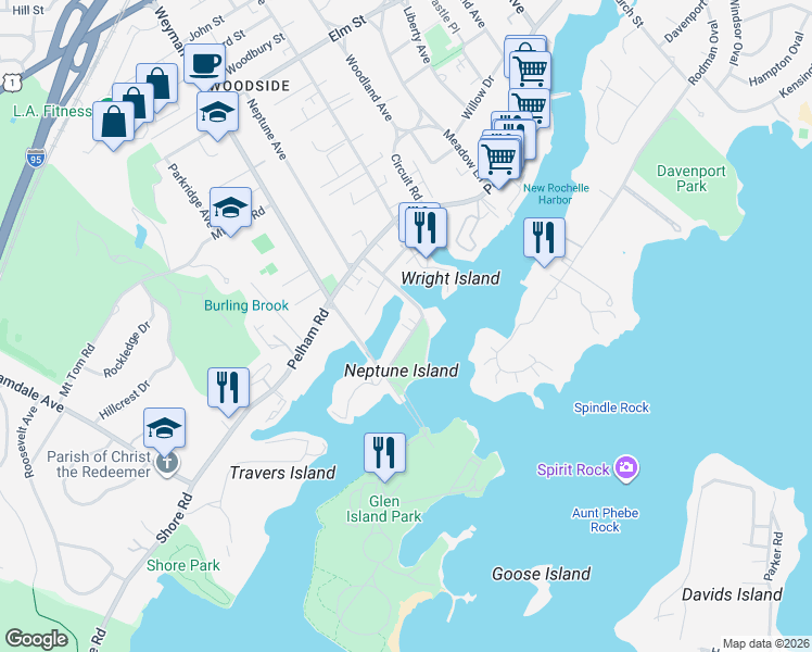 map of restaurants, bars, coffee shops, grocery stores, and more near 40 Harbor Lane in New Rochelle