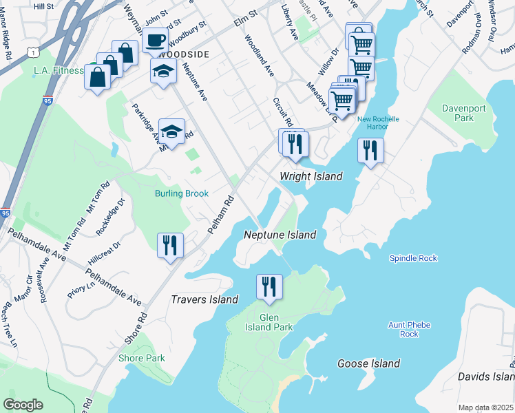 map of restaurants, bars, coffee shops, grocery stores, and more near 40 Keogh Lane in New Rochelle