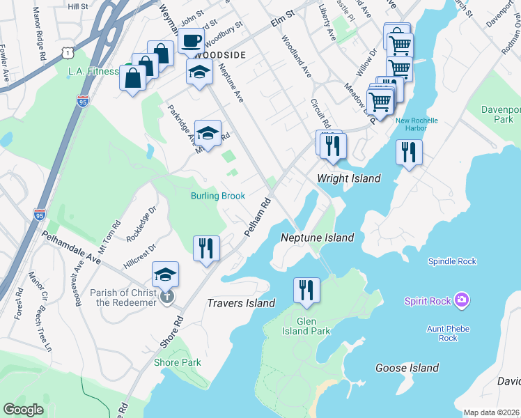 map of restaurants, bars, coffee shops, grocery stores, and more near 620 Pelham Road in New Rochelle