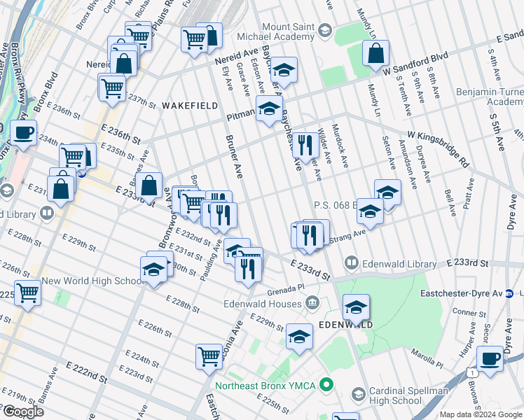 map of restaurants, bars, coffee shops, grocery stores, and more near 4050 Bruner Avenue in The Bronx