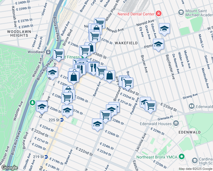 map of restaurants, bars, coffee shops, grocery stores, and more near 824 East 232nd Street in Bronx