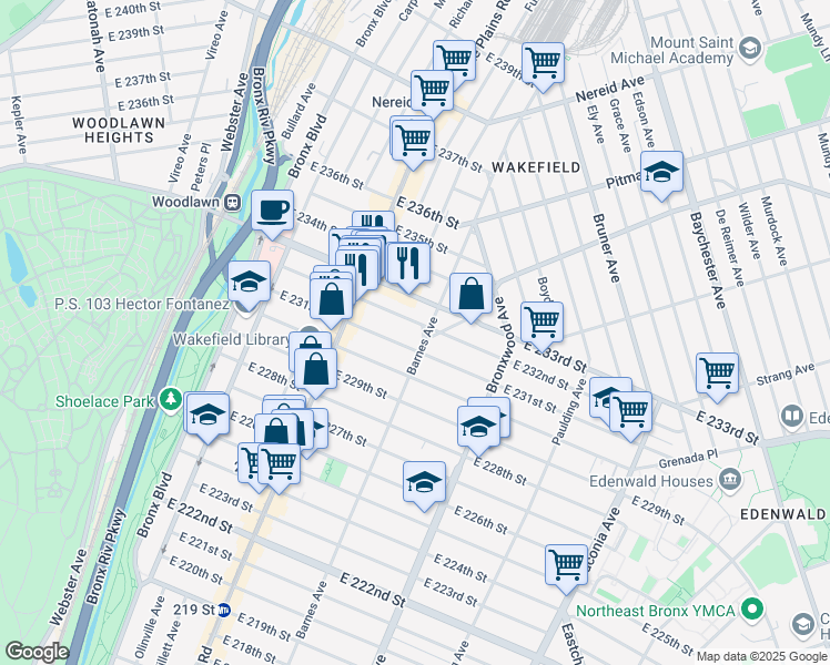 map of restaurants, bars, coffee shops, grocery stores, and more near in The Bronx