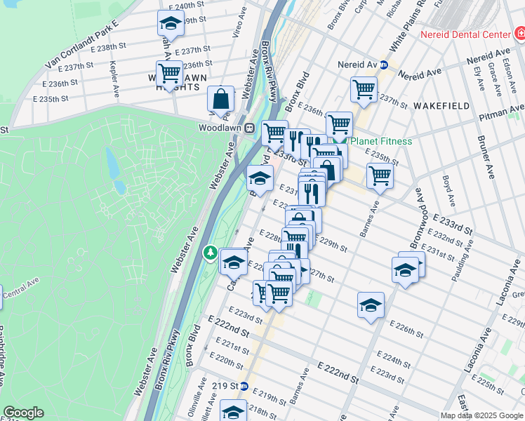 map of restaurants, bars, coffee shops, grocery stores, and more near 629 East 229th Street in Bronx