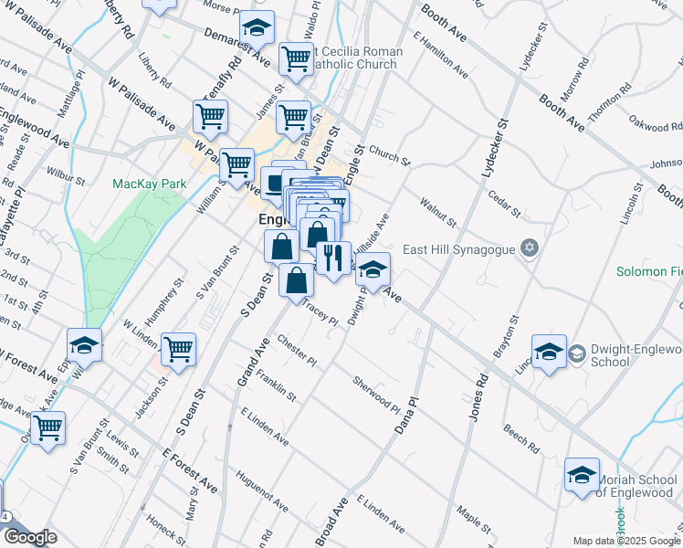 map of restaurants, bars, coffee shops, grocery stores, and more near 100 East Palisade Avenue in Englewood