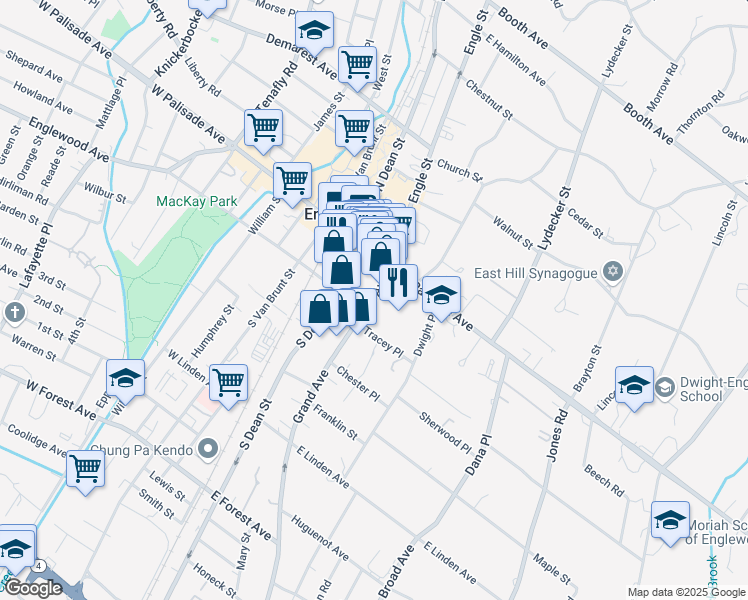 map of restaurants, bars, coffee shops, grocery stores, and more near 75 North Dean Street in Englewood