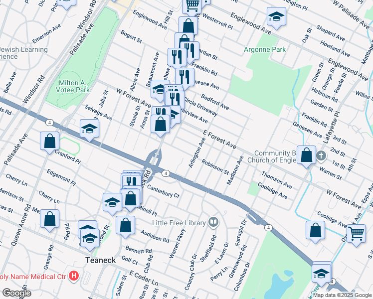 map of restaurants, bars, coffee shops, grocery stores, and more near 50 Robinson Street in Teaneck