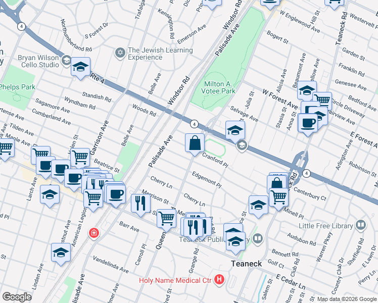 map of restaurants, bars, coffee shops, grocery stores, and more near 239 Grayson Place in Teaneck