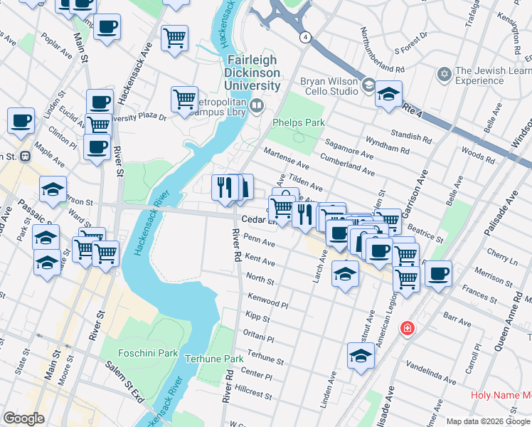 map of restaurants, bars, coffee shops, grocery stores, and more near in Teaneck