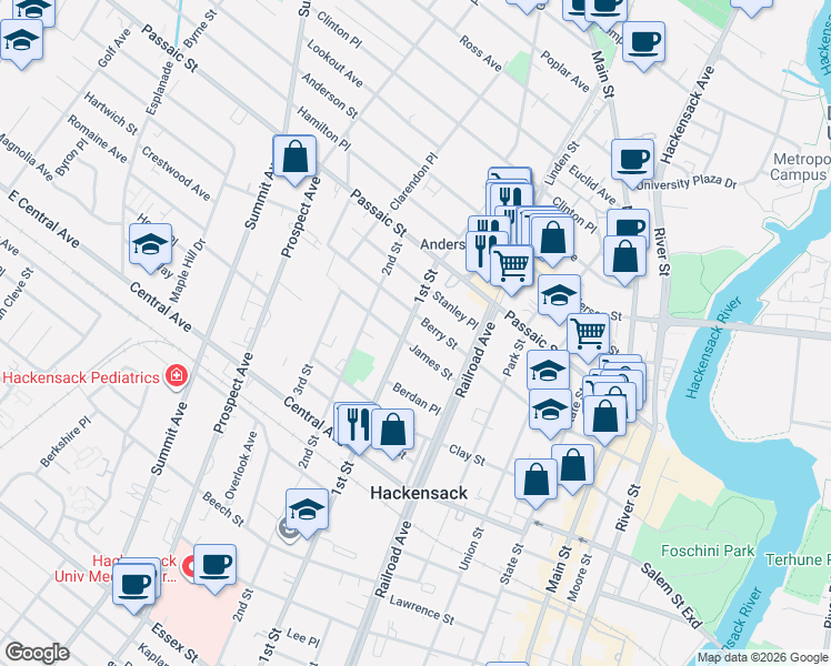 map of restaurants, bars, coffee shops, grocery stores, and more near 195 Berry Street in Hackensack