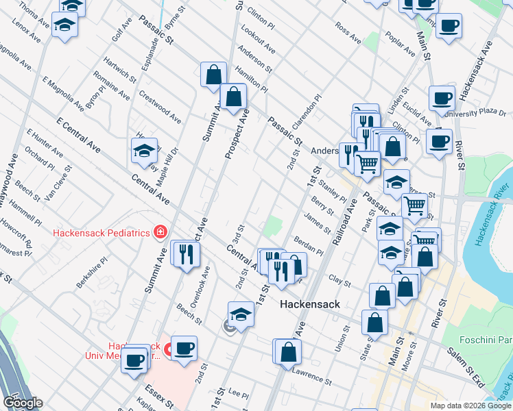 map of restaurants, bars, coffee shops, grocery stores, and more near 305 2nd Street in Hackensack
