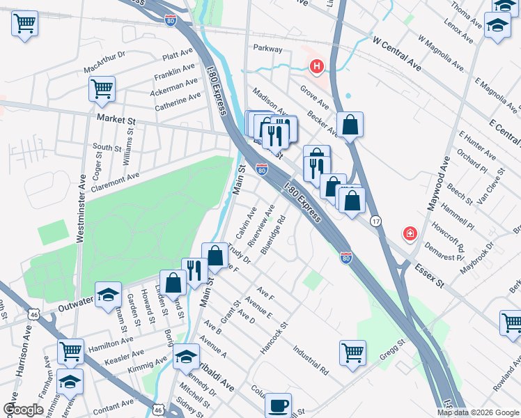map of restaurants, bars, coffee shops, grocery stores, and more near 15 Riverview Avenue in Lodi