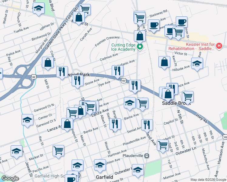 map of restaurants, bars, coffee shops, grocery stores, and more near 455 Grace Avenue in Garfield
