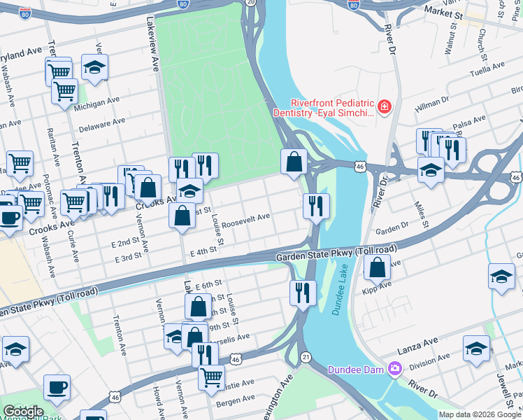map of restaurants, bars, coffee shops, grocery stores, and more near 64 Roosevelt Avenue in Clifton