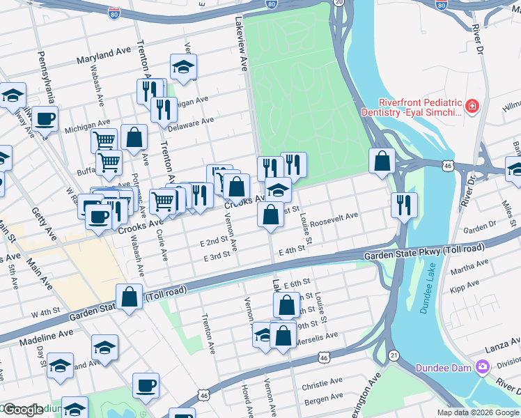 map of restaurants, bars, coffee shops, grocery stores, and more near 186 East 1st Street in Clifton