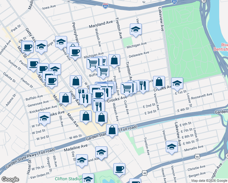 map of restaurants, bars, coffee shops, grocery stores, and more near 274 Knickerbocker Avenue in Paterson