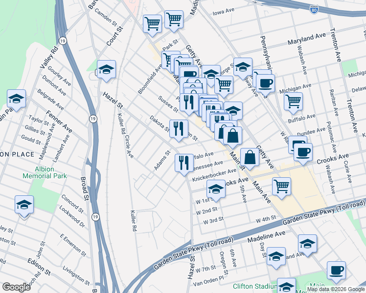 map of restaurants, bars, coffee shops, grocery stores, and more near 22 Dey Street in Paterson