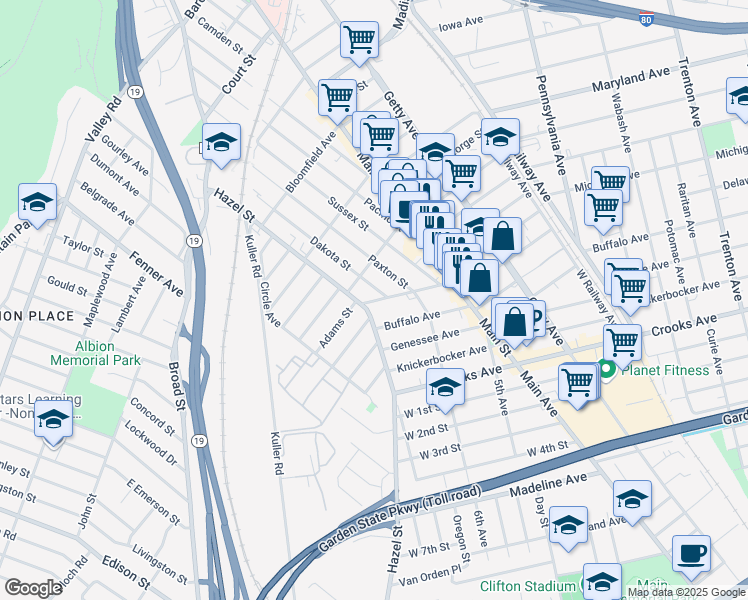 map of restaurants, bars, coffee shops, grocery stores, and more near 22 Dey Street in Paterson