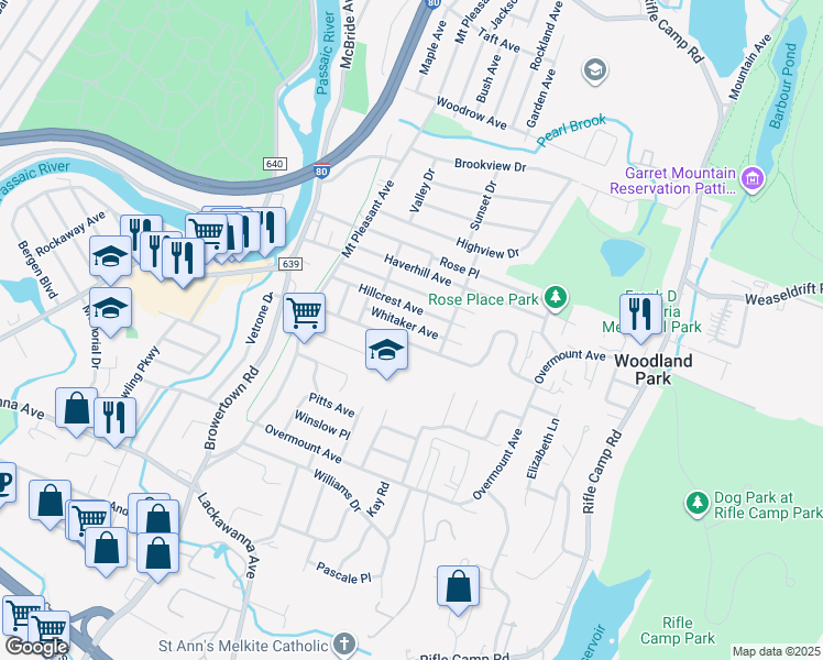 map of restaurants, bars, coffee shops, grocery stores, and more near 46 Meriline Avenue in Woodland Park