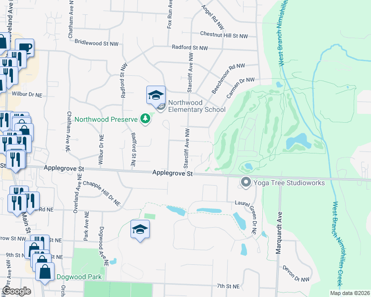 map of restaurants, bars, coffee shops, grocery stores, and more near 7155 Starcliff Avenue Northwest in North Canton