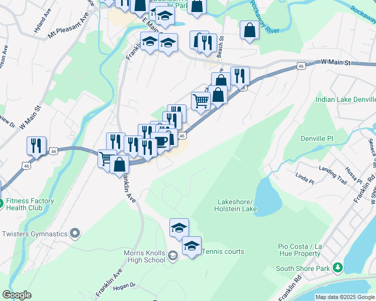map of restaurants, bars, coffee shops, grocery stores, and more near 156 U.S. 46 in Rockaway