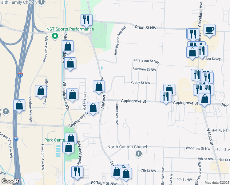 map of restaurants, bars, coffee shops, grocery stores, and more near 1113 Applegrove Street Northwest in North Canton