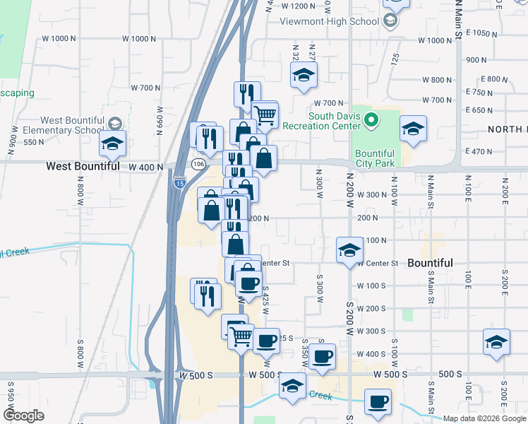 map of restaurants, bars, coffee shops, grocery stores, and more near 458 West 200 North in Bountiful