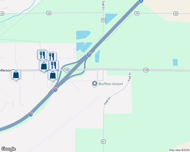 map of restaurants, bars, coffee shops, grocery stores, and more near 851 Ohio 103 in Bluffton