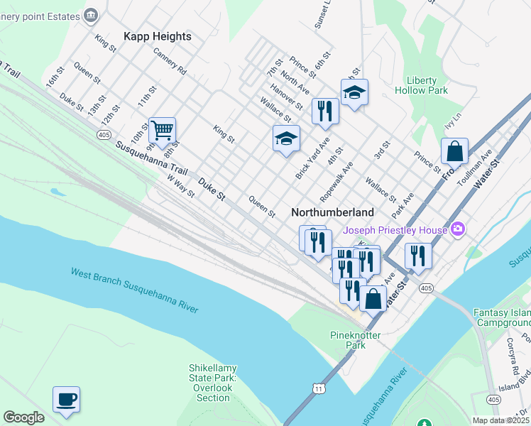 map of restaurants, bars, coffee shops, grocery stores, and more near Brick Yard Ave in Northumberland