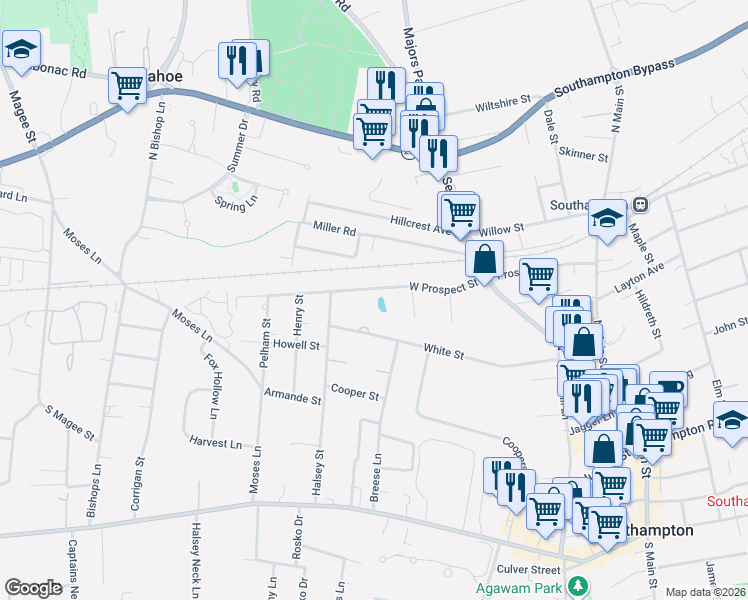 map of restaurants, bars, coffee shops, grocery stores, and more near 118 West Prospect Street in Southampton
