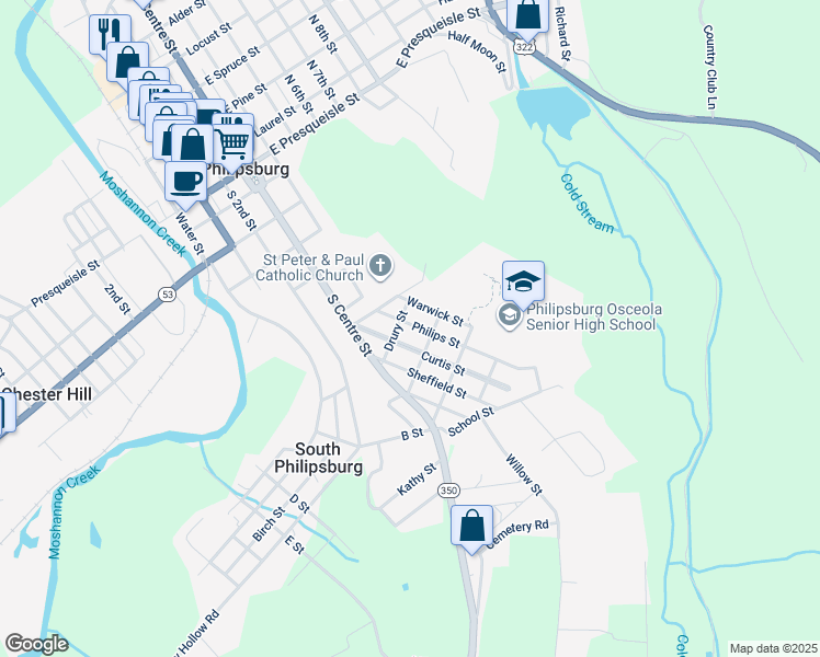 map of restaurants, bars, coffee shops, grocery stores, and more near 204 Philips Street in Philipsburg