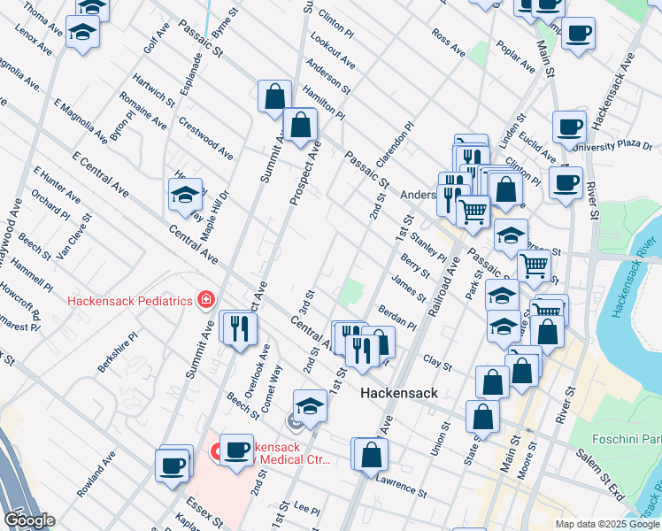 map of restaurants, bars, coffee shops, grocery stores, and more near 305 2nd Street in Hackensack