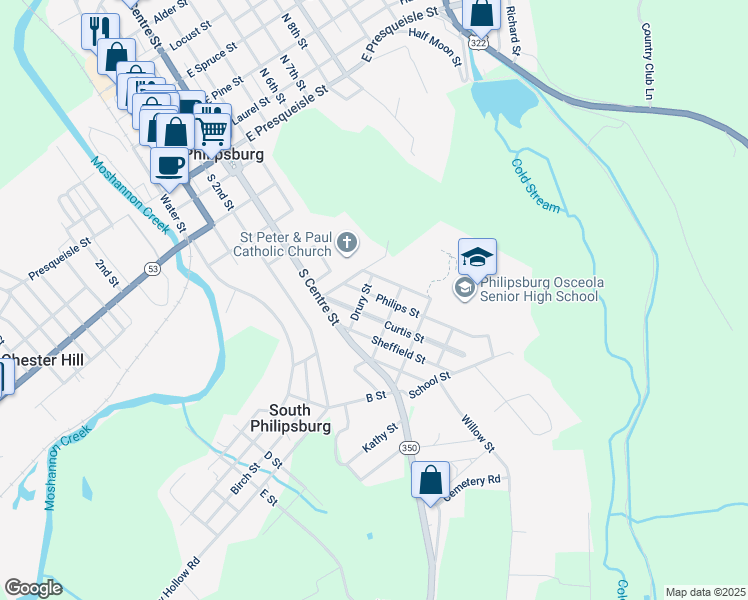 map of restaurants, bars, coffee shops, grocery stores, and more near 204 Philips Street in Philipsburg