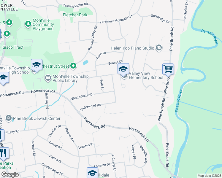 map of restaurants, bars, coffee shops, grocery stores, and more near 23 Westminster Drive in Montville
