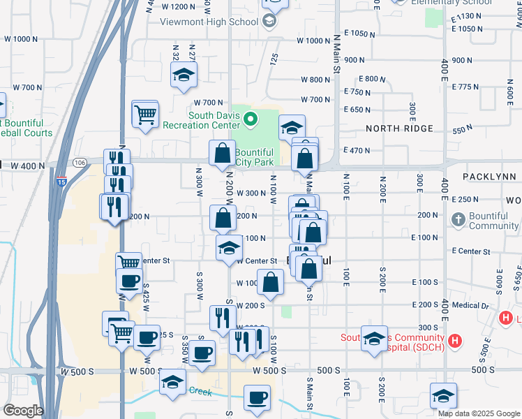 map of restaurants, bars, coffee shops, grocery stores, and more near 106 West 200 North in Bountiful