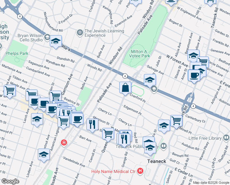 map of restaurants, bars, coffee shops, grocery stores, and more near 274 Grayson Place in Teaneck