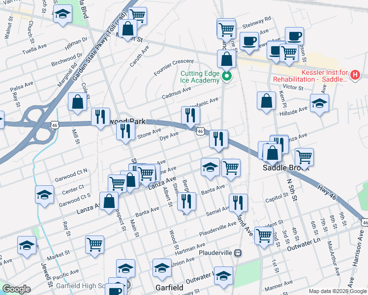 map of restaurants, bars, coffee shops, grocery stores, and more near 455 Grace Avenue in Garfield