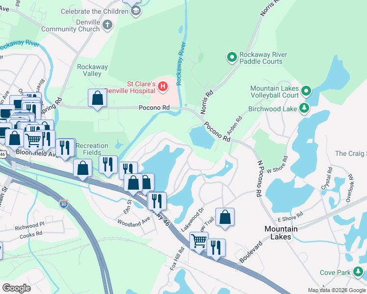 map of restaurants, bars, coffee shops, grocery stores, and more near 84 Lakewood Drive in Denville