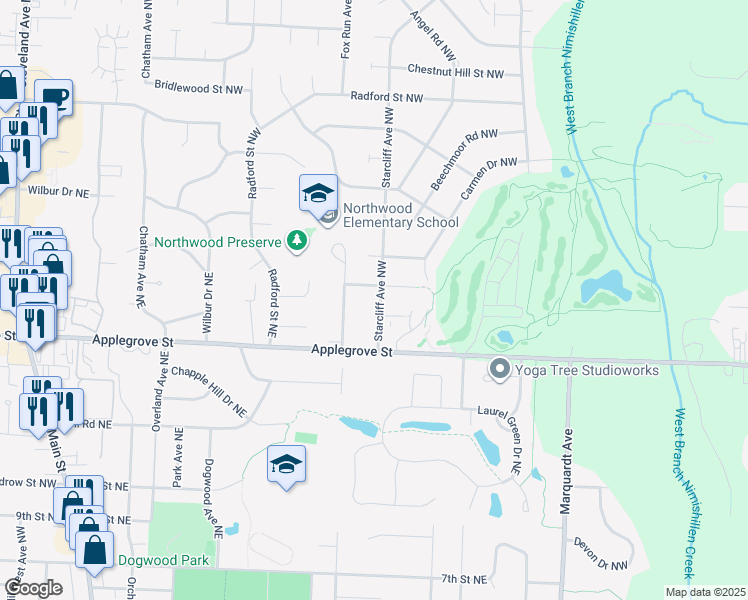 map of restaurants, bars, coffee shops, grocery stores, and more near 7155 Starcliff Avenue Northwest in North Canton