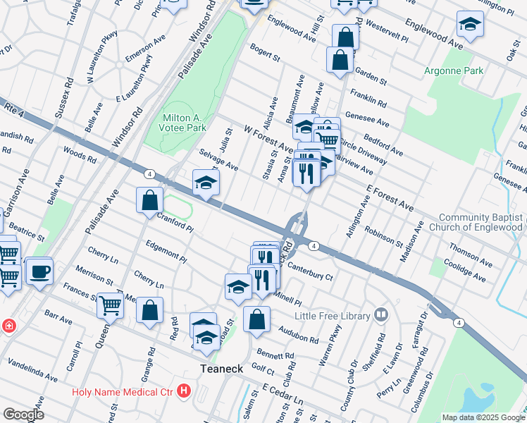 map of restaurants, bars, coffee shops, grocery stores, and more near 1072 Anna Street in Teaneck