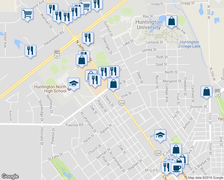 map of restaurants, bars, coffee shops, grocery stores, and more near 1850 North Jefferson Street in Huntington