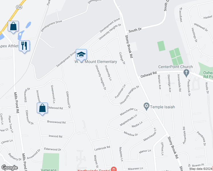 map of restaurants, bars, coffee shops, grocery stores, and more near 39 University Heights Drive in Stony Brook