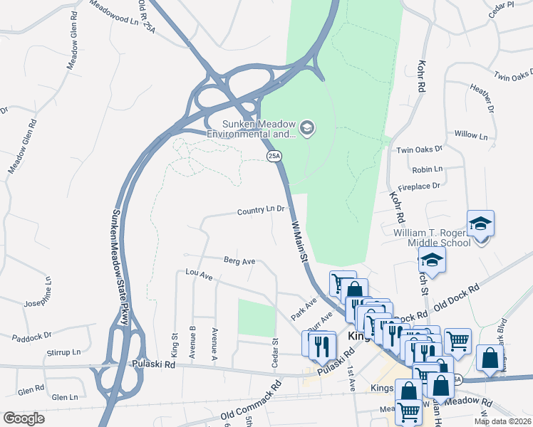 map of restaurants, bars, coffee shops, grocery stores, and more near 12 Russett Court in Kings Park