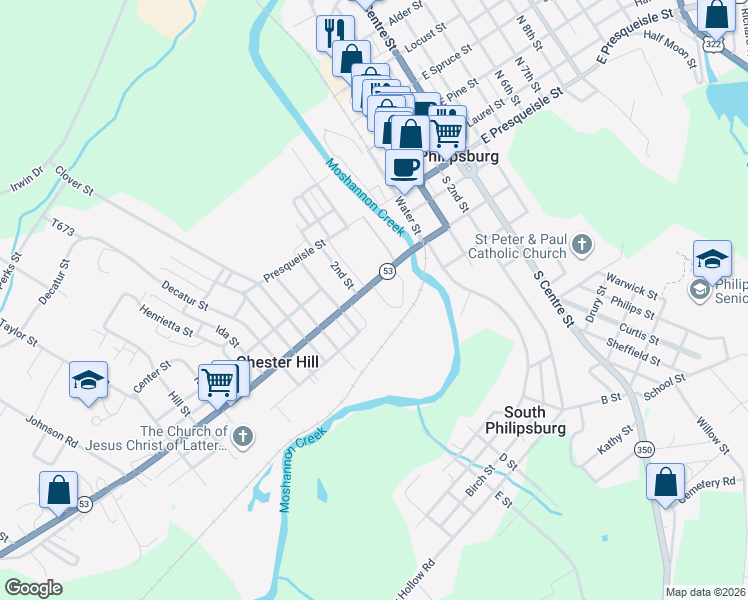map of restaurants, bars, coffee shops, grocery stores, and more near 115 Walton Street in Philipsburg