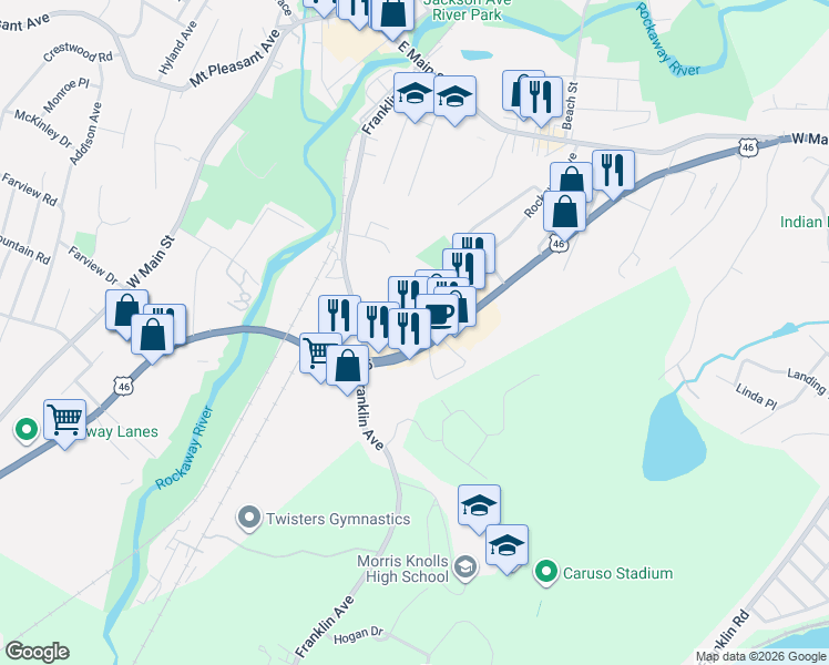 map of restaurants, bars, coffee shops, grocery stores, and more near 177 U.S. 46 in Rockaway