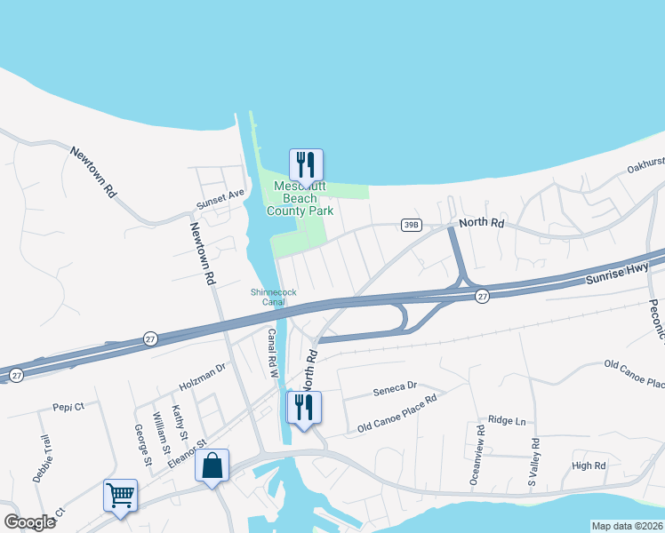 map of restaurants, bars, coffee shops, grocery stores, and more near 9 Washington Avenue East in Hampton Bays