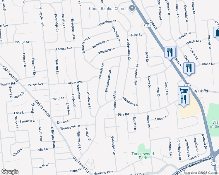 map of restaurants, bars, coffee shops, grocery stores, and more near 26 Pennaquid Road in Coram