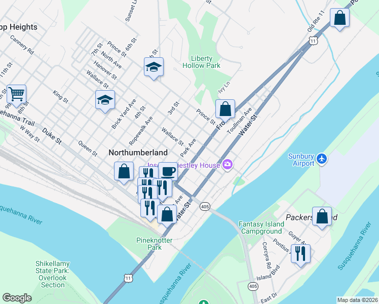 map of restaurants, bars, coffee shops, grocery stores, and more near 401-449 Front St in Northumberland