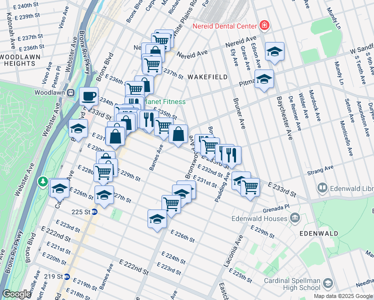 map of restaurants, bars, coffee shops, grocery stores, and more near 866 East 233rd Street in The Bronx